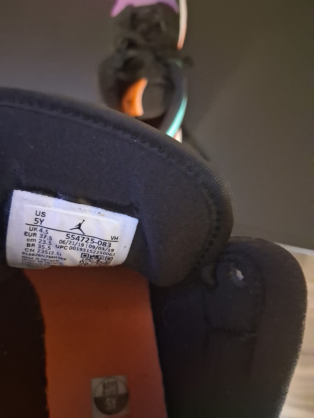 Nike Jordan 1 Kids' Mid-Top  Sneakers - Black with Orange, Teal & Purple Size 5Y - Picture 5 of 6